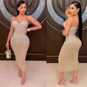 Ausuky Womens 5XL Clubwear Mesh See Through Diamond Bodycon Sling Sequin Dress